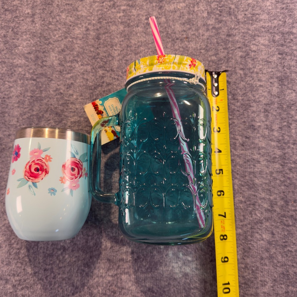 Pioneer Woman Teal Mason Jar 32oz & Pink Floral Stainless Tumbler 12oz Set